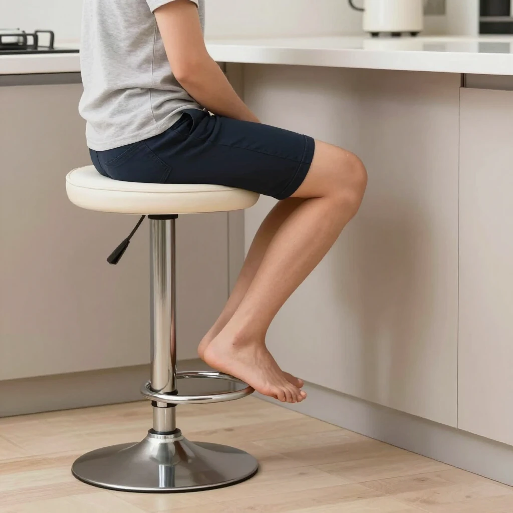 Person demonstrating correct bar stool height for comfortable seating at kitchen counter