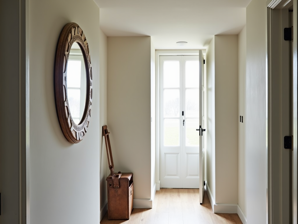 Entryway with a round mirror reflecting light for a spacious look