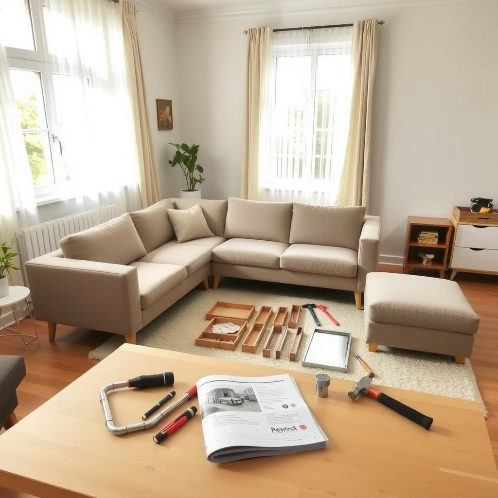 A tidy living room with a partially assembled sofa, organized tools, and an open instruction manual on a workbench.