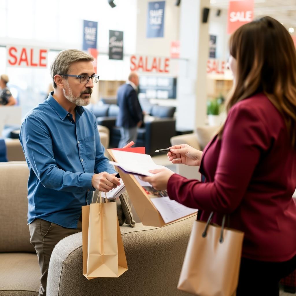 A customer and a salesperson discussing a sofa at a furniture sale. The customer is gesturing toward the sofa, while the salesperson is nodding and holding a clipboard. The scene captures the negotiation process in a friendly, professional manner.