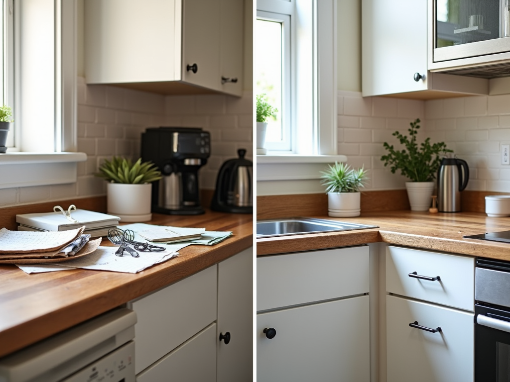 Before and after of a kitchen counter.