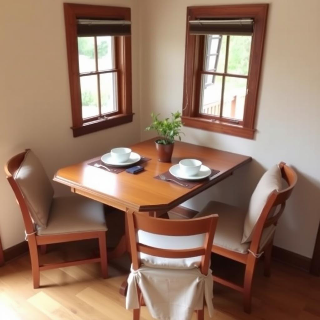 A cozy dining area with a versatile table and comfy chairs.