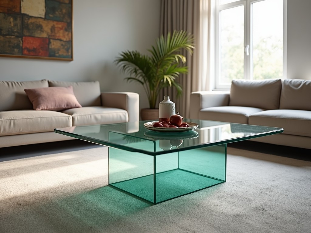 Glass coffee table in a modern living room setup, reflecting a clean and bright surface.