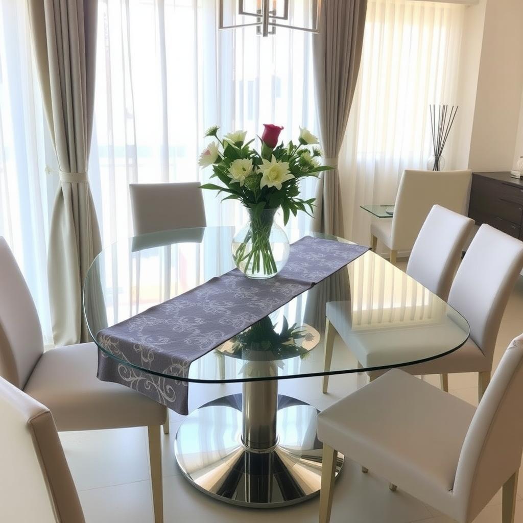 Glass dining table with a table runner and floral centerpiece in a modern dining room.