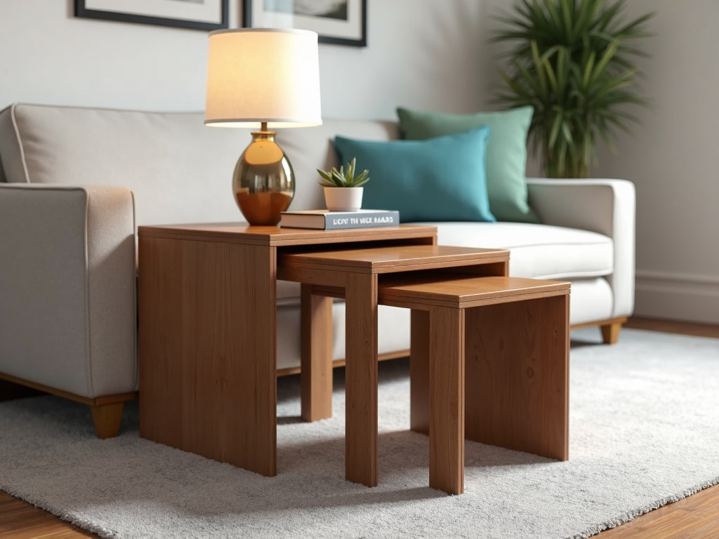 Nesting tables arranged as side tables in a small living room.