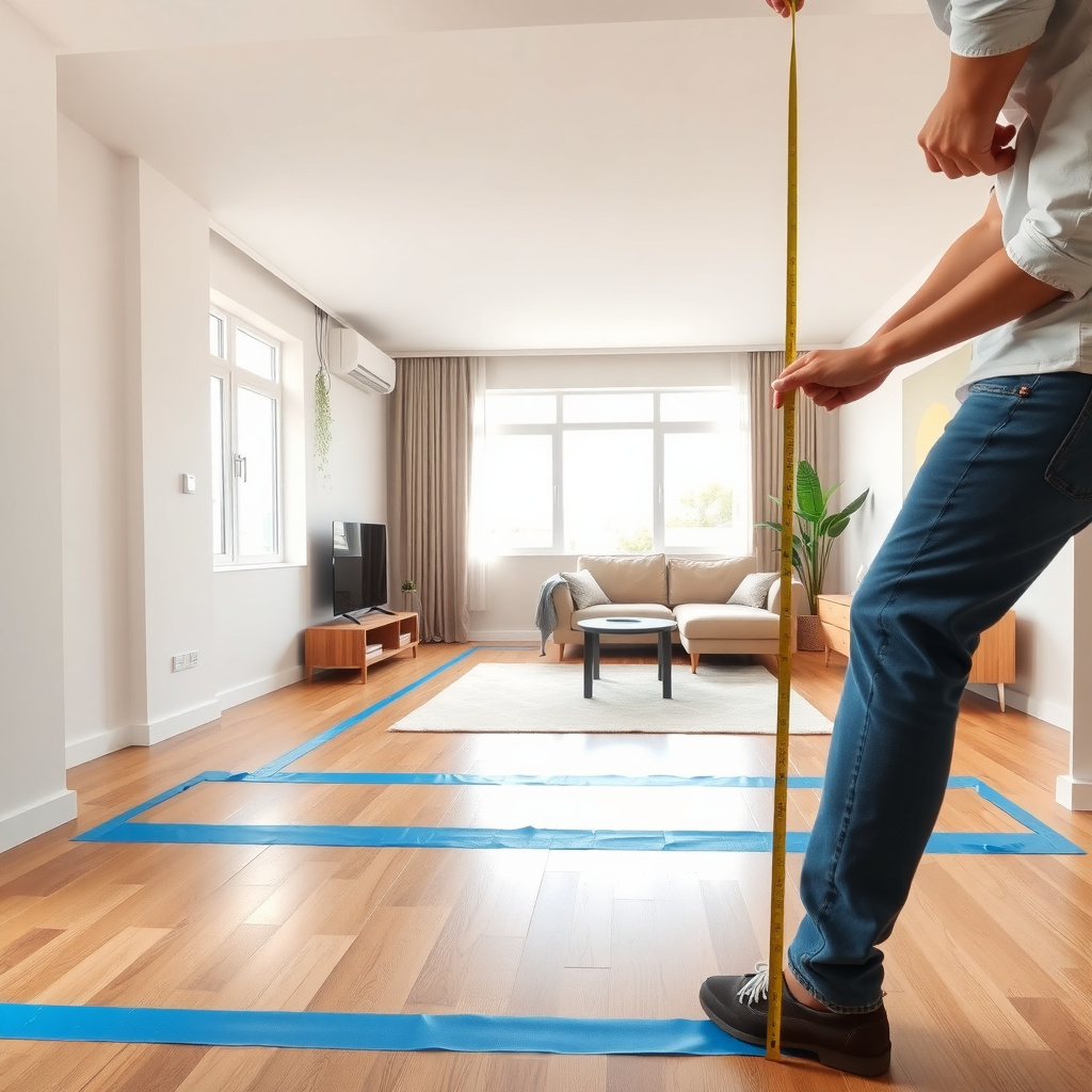 Person measuring room dimensions for furniture placement