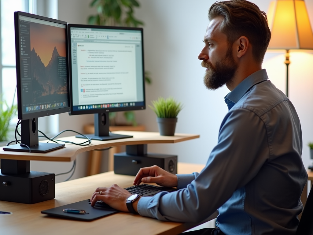 An ergonomic workspace setup with a standing desk