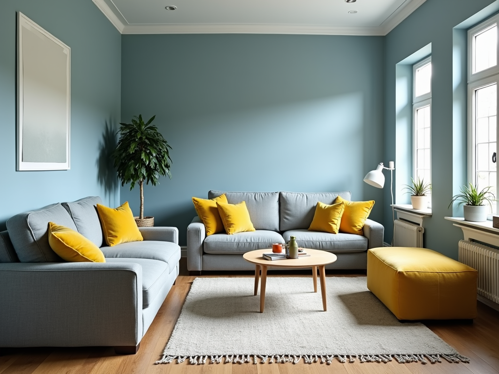 Cozy living room with blue walls, gray sofas, and yellow accents.