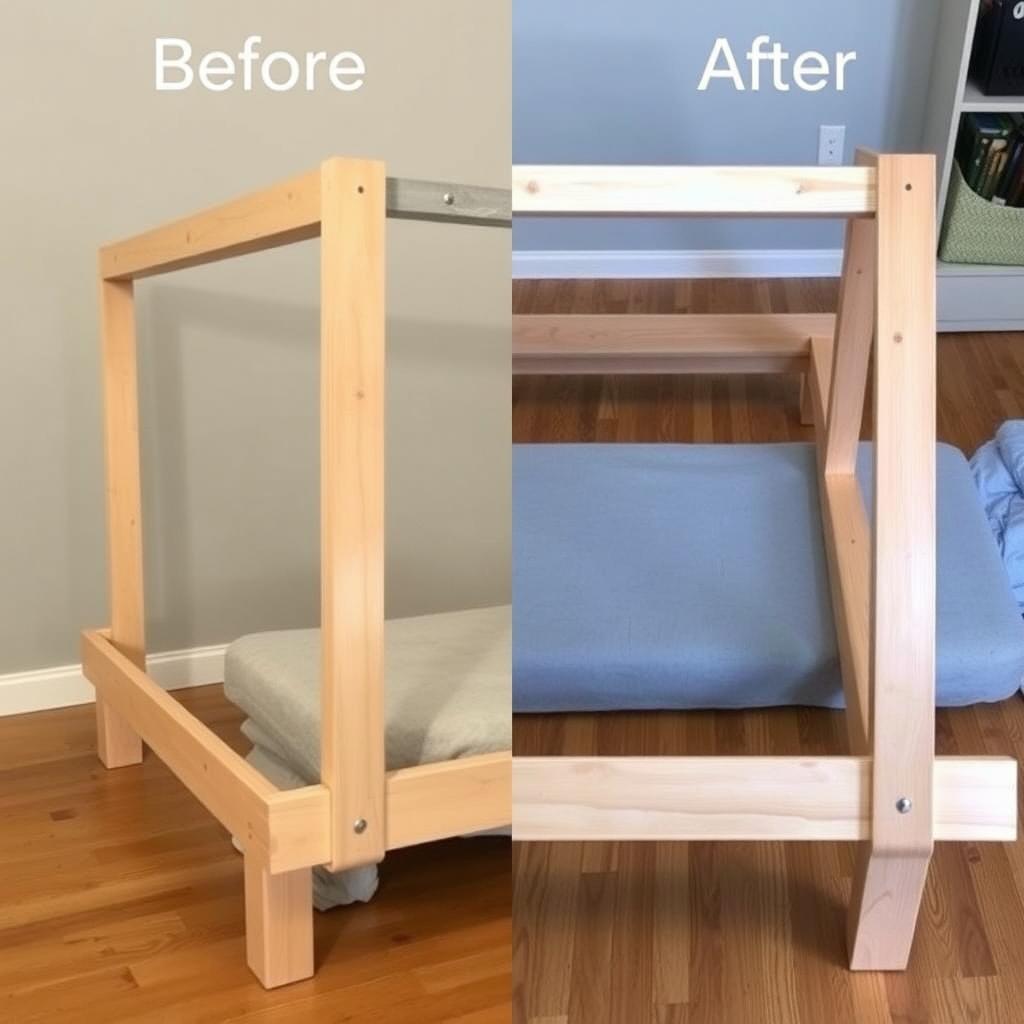 Before and after of a repaired futon frame.