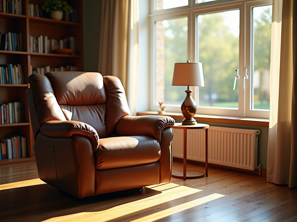 A comfortable leather recliner in a cozy living room setting