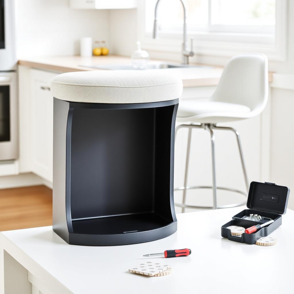 Bar stool with a flipped cushioned seat next to a toolkit and coasters on a kitchen counter