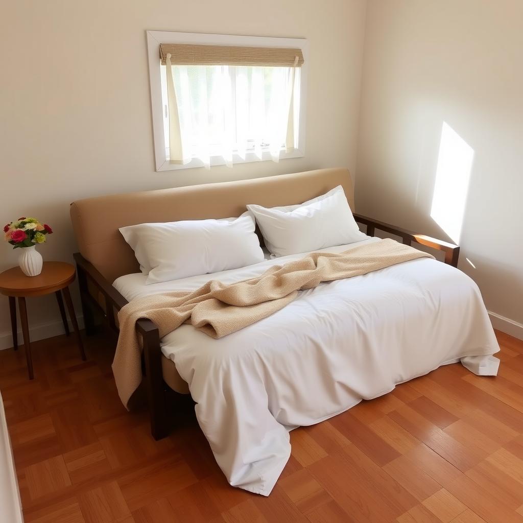 A futon unfolded into a bed in a cozy guest room with white linens and a throw blanket.