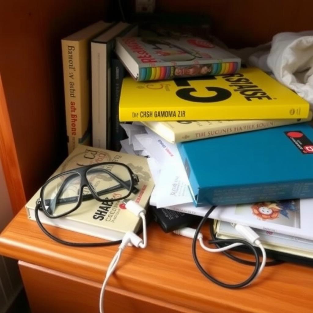 A cluttered nightstand with books stacked unevenly, a pair of glasses tossed aside, and a jumble of charging cords spilling over the edge.
