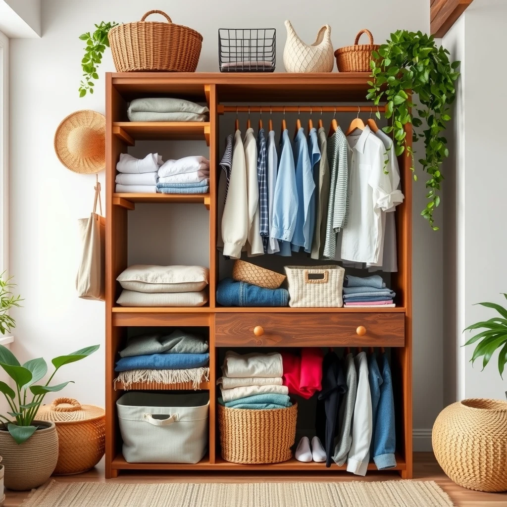 Eco-friendly storage with bamboo baskets, fabric bins, and wooden dresser in a bright room