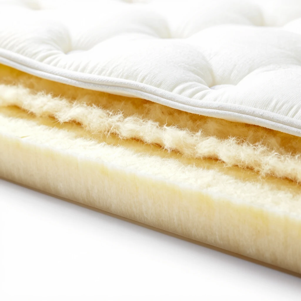 Close-up cross-section of an organic mattress layers including latex, wool, and cotton