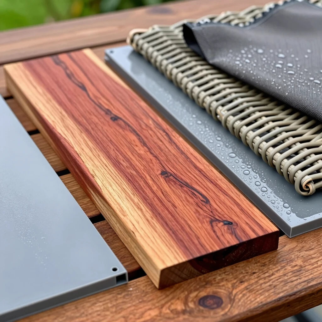 Assortment of weather-proof sustainable materials for patio furniture including teak, wicker, and recycled plastic