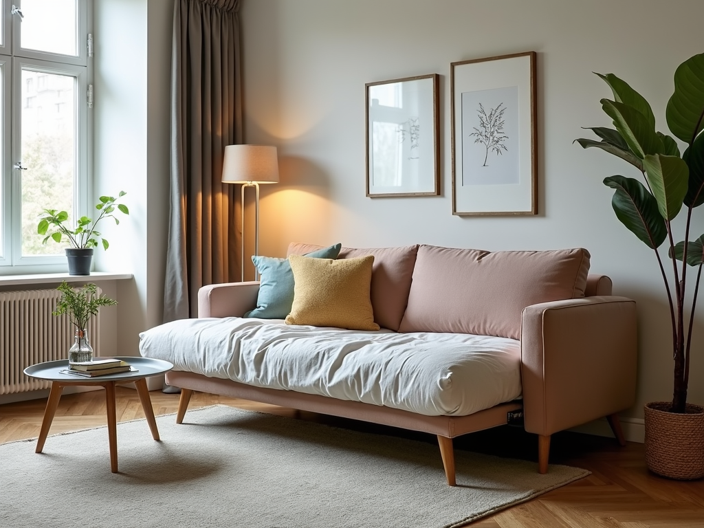 A cozy living room with a sofa bed, perfect for small spaces.