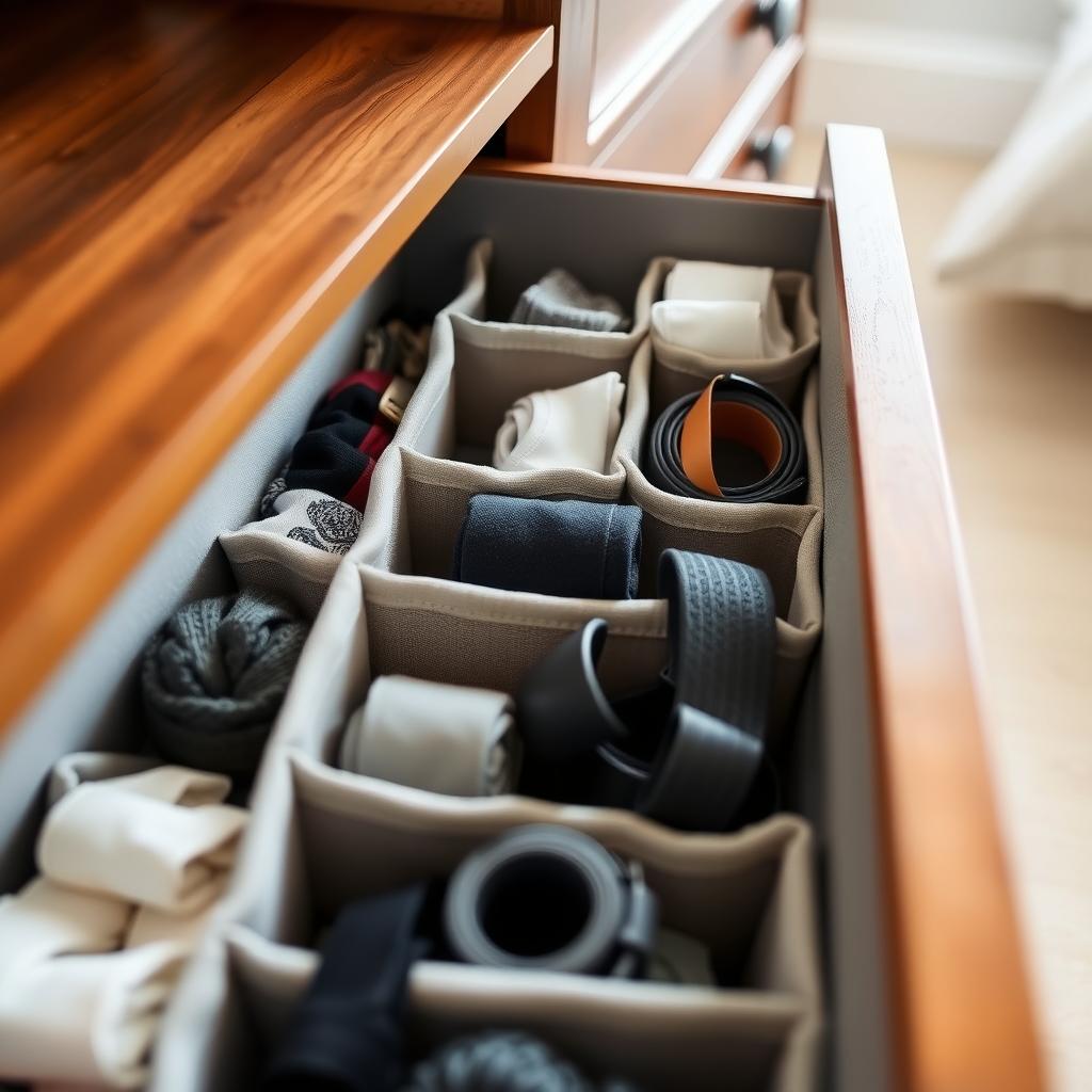 An open dresser drawer with fabric dividers organizing rolled socks, underwear, and belts by type and color.
