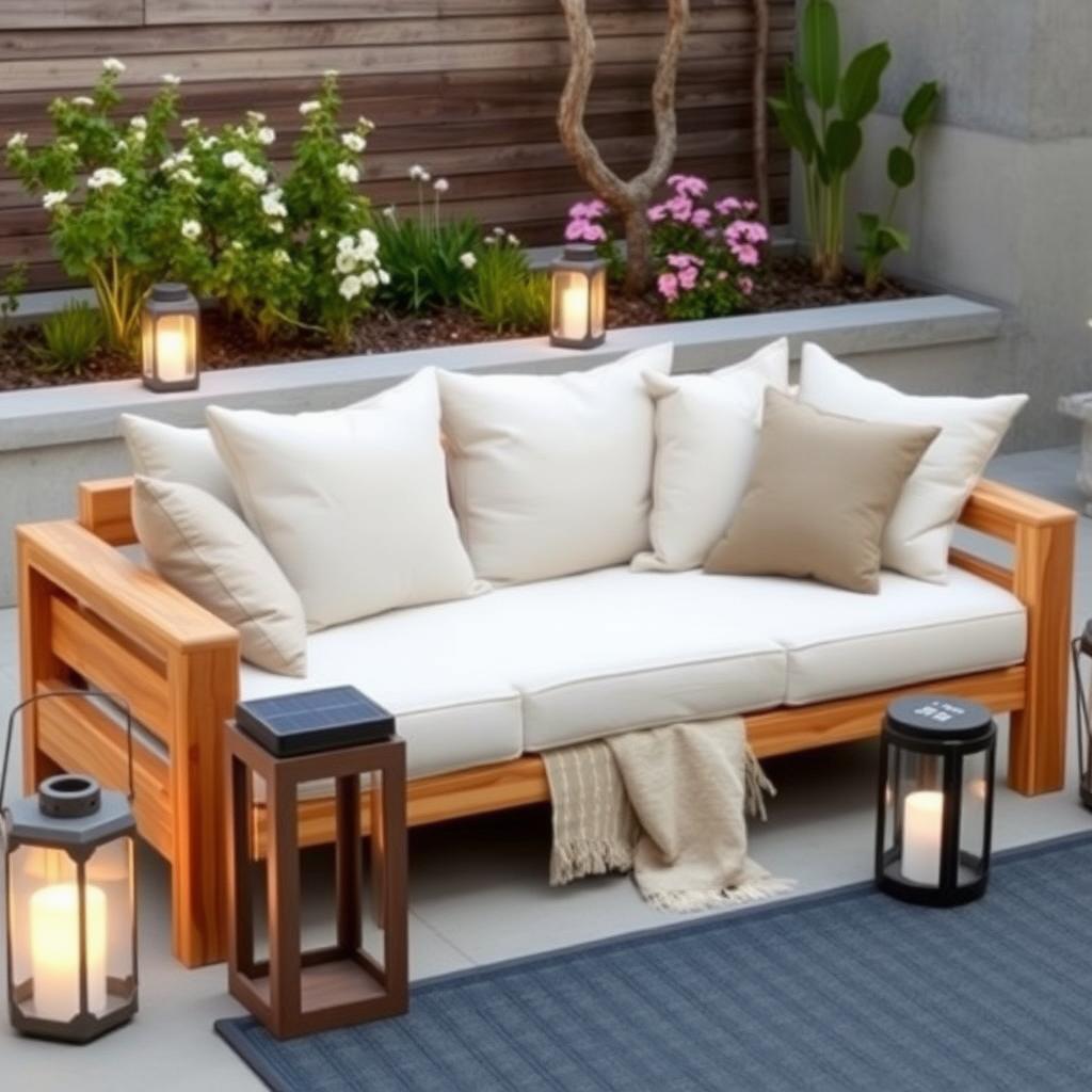 Eucalyptus wood sofa with eco-friendly cushions on a modern patio