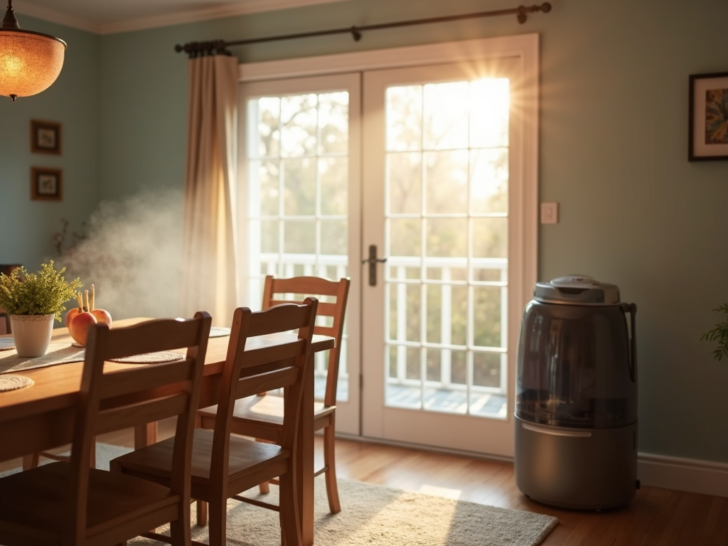 A dining room with a humidifier.