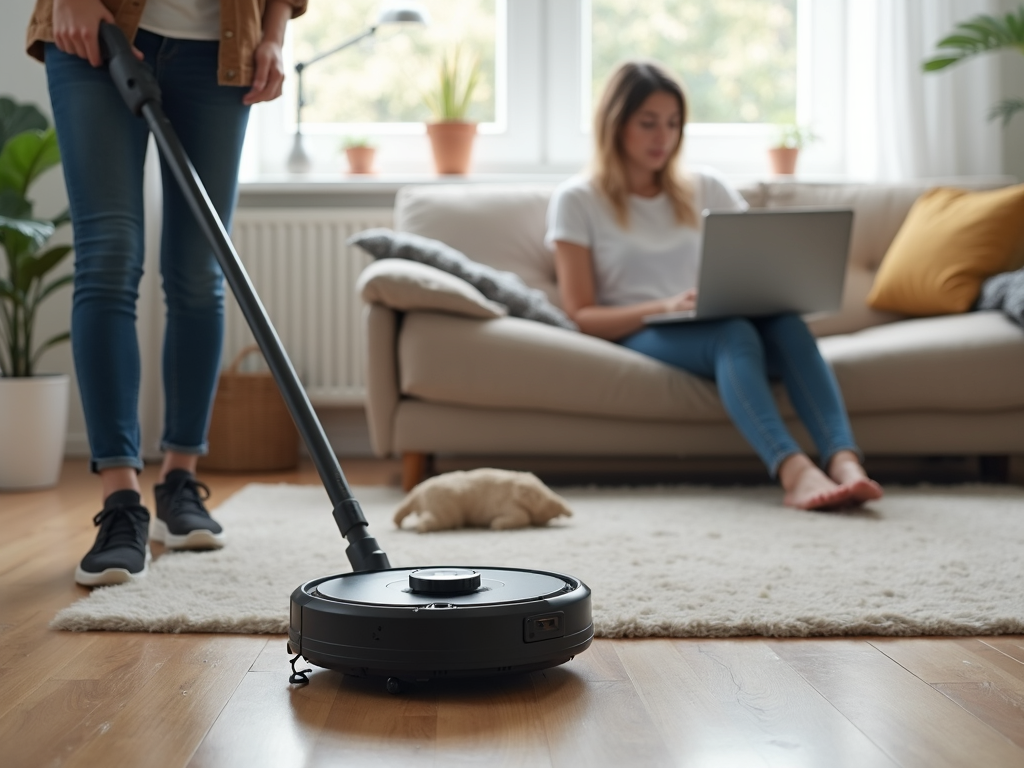 Busy homeowner using a robotic vacuum