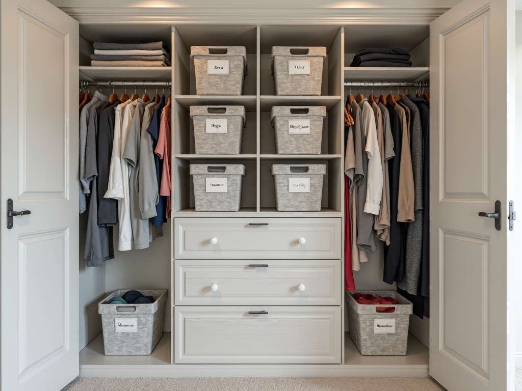 A neatly organized wardrobe with labeled storage bins and hanging clothes.