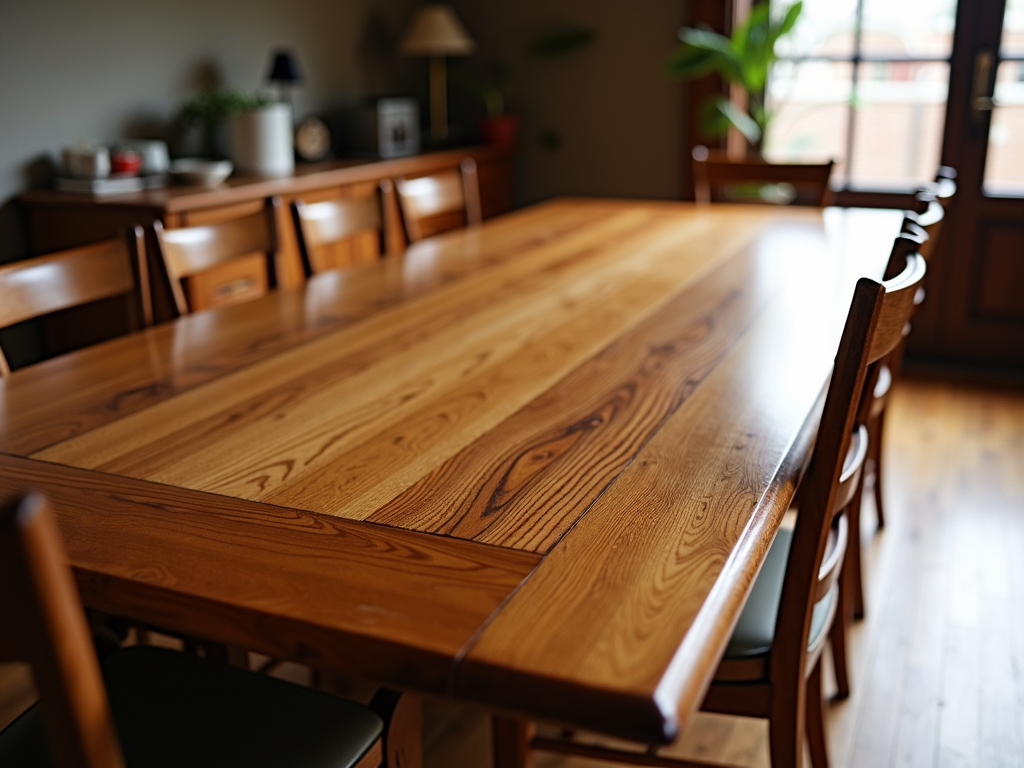 Elegant wooden dining table in a cozy setting.