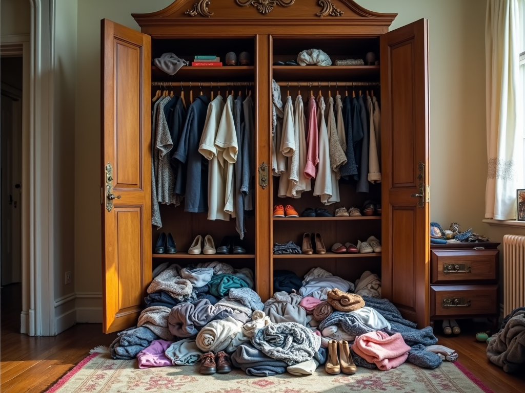 Cluttered armoire before organizing