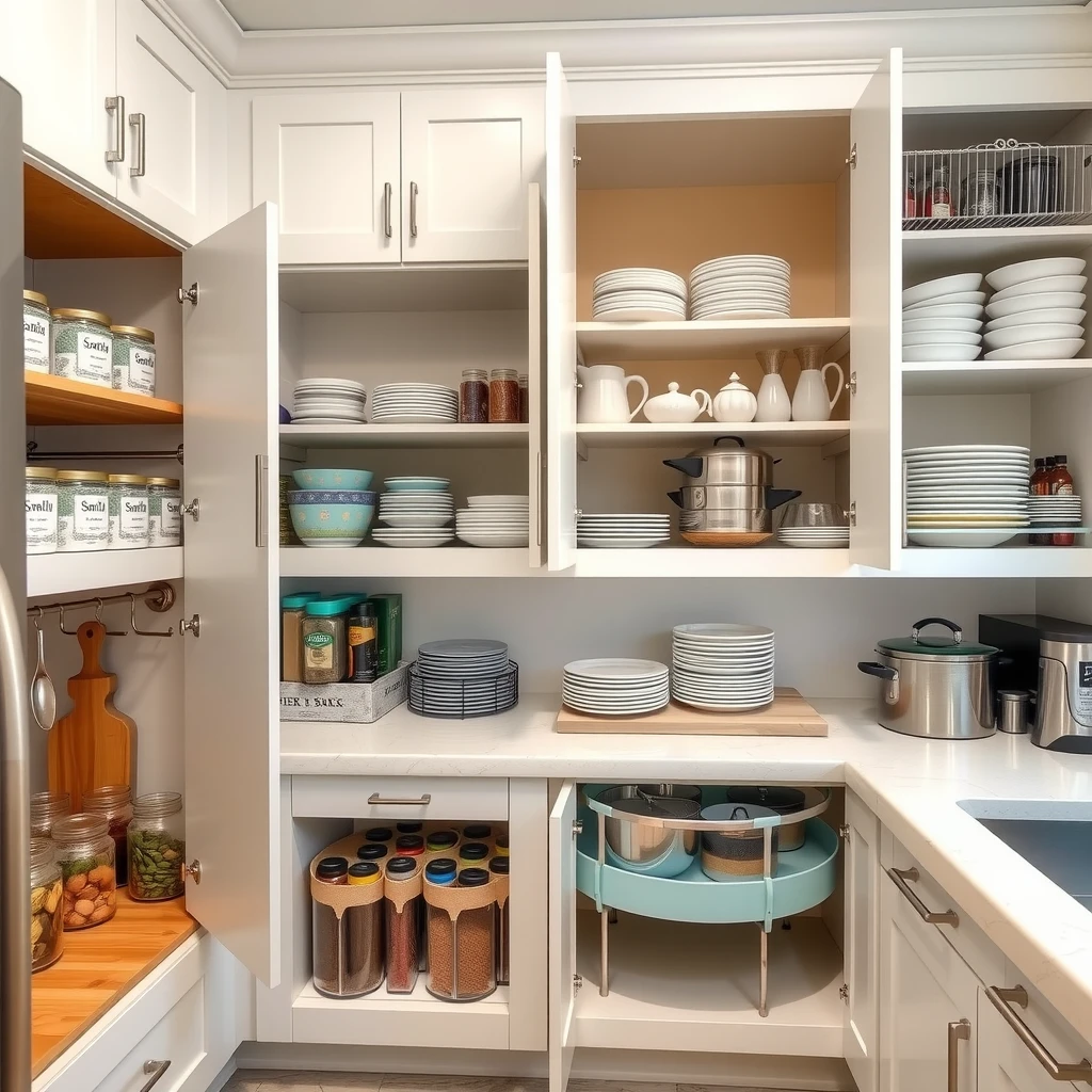 Organized kitchen cabinets after decluttering, showcasing efficient storage solutions.