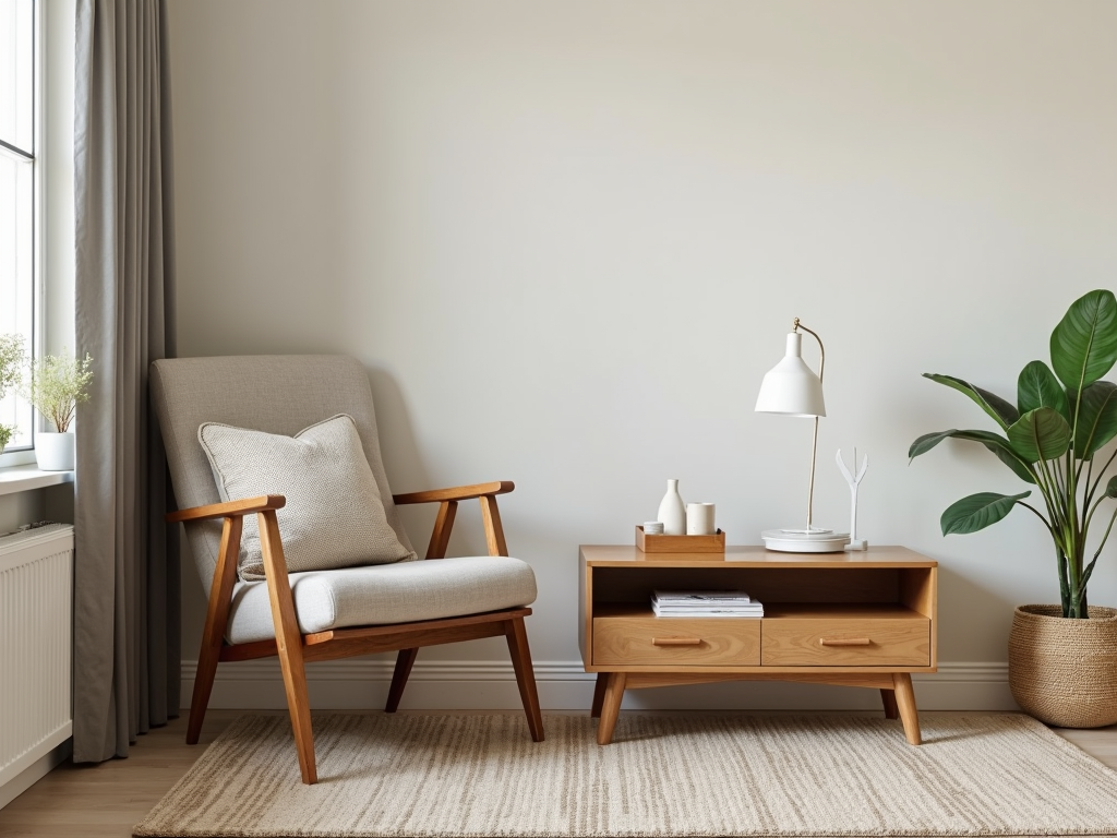 Compact living room with foldable chair and storage coffee table.