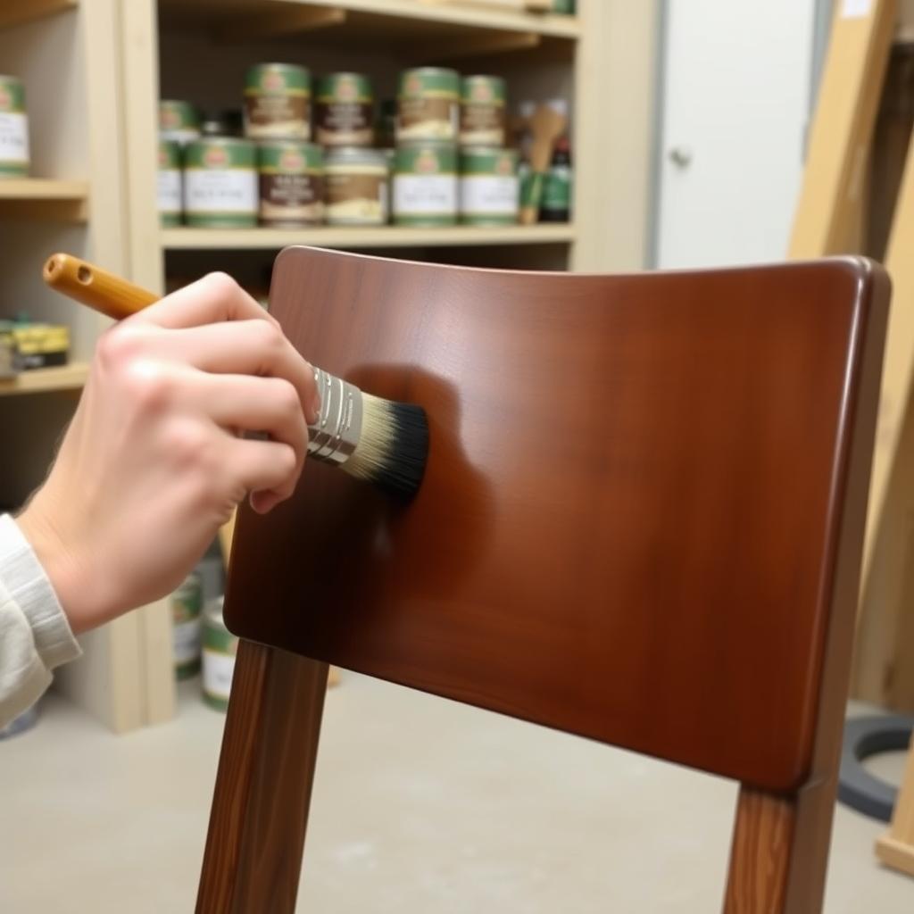 Person applying polyurethane to a walnut chair in a workshop, surrounded by staining tools.