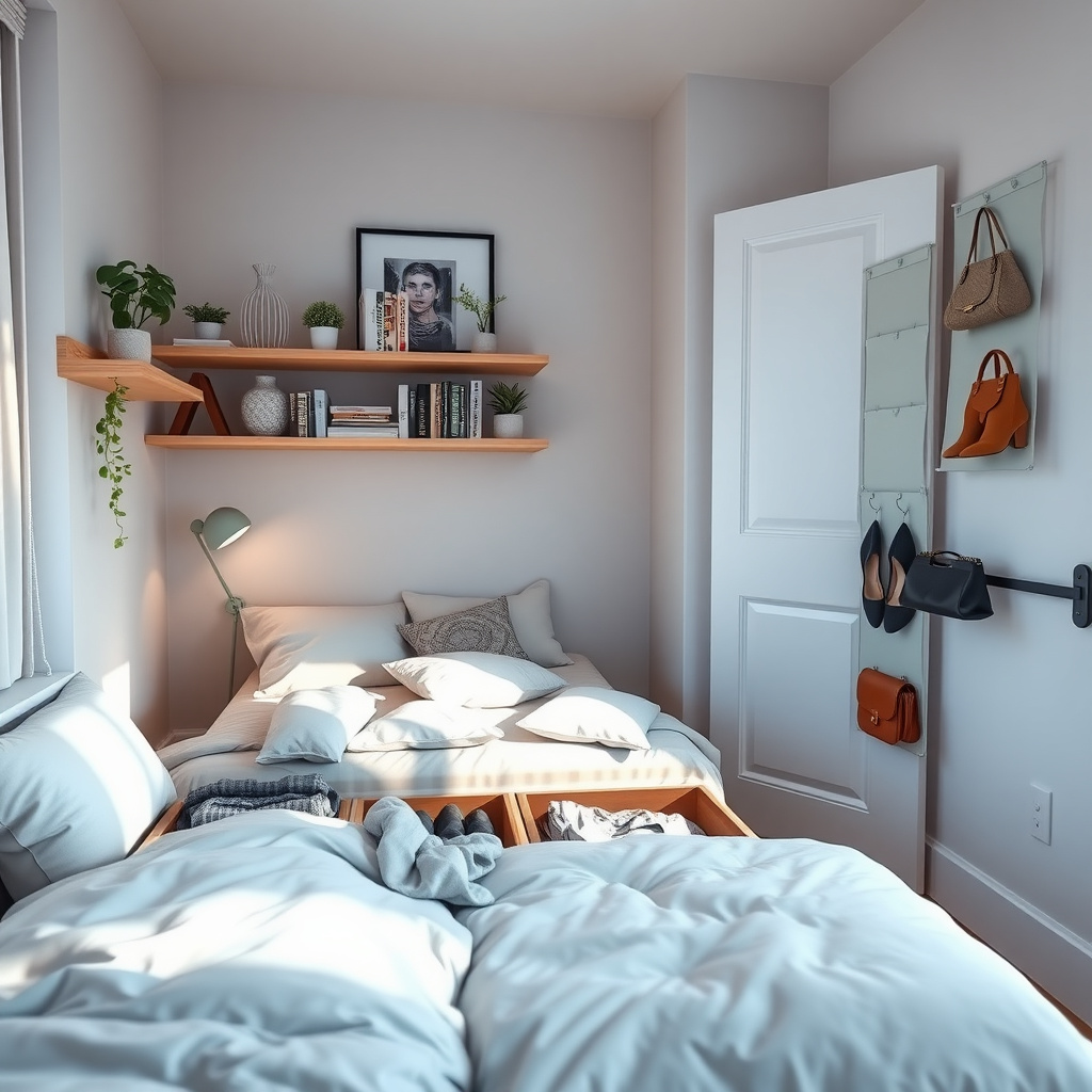 Cozy small bedroom showcasing under-bed storage, floating shelves, and over-the-door organizers