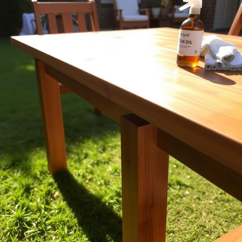 Polished teak outdoor dining table with teak oil and cloth, set on a grassy patio under sunlight.