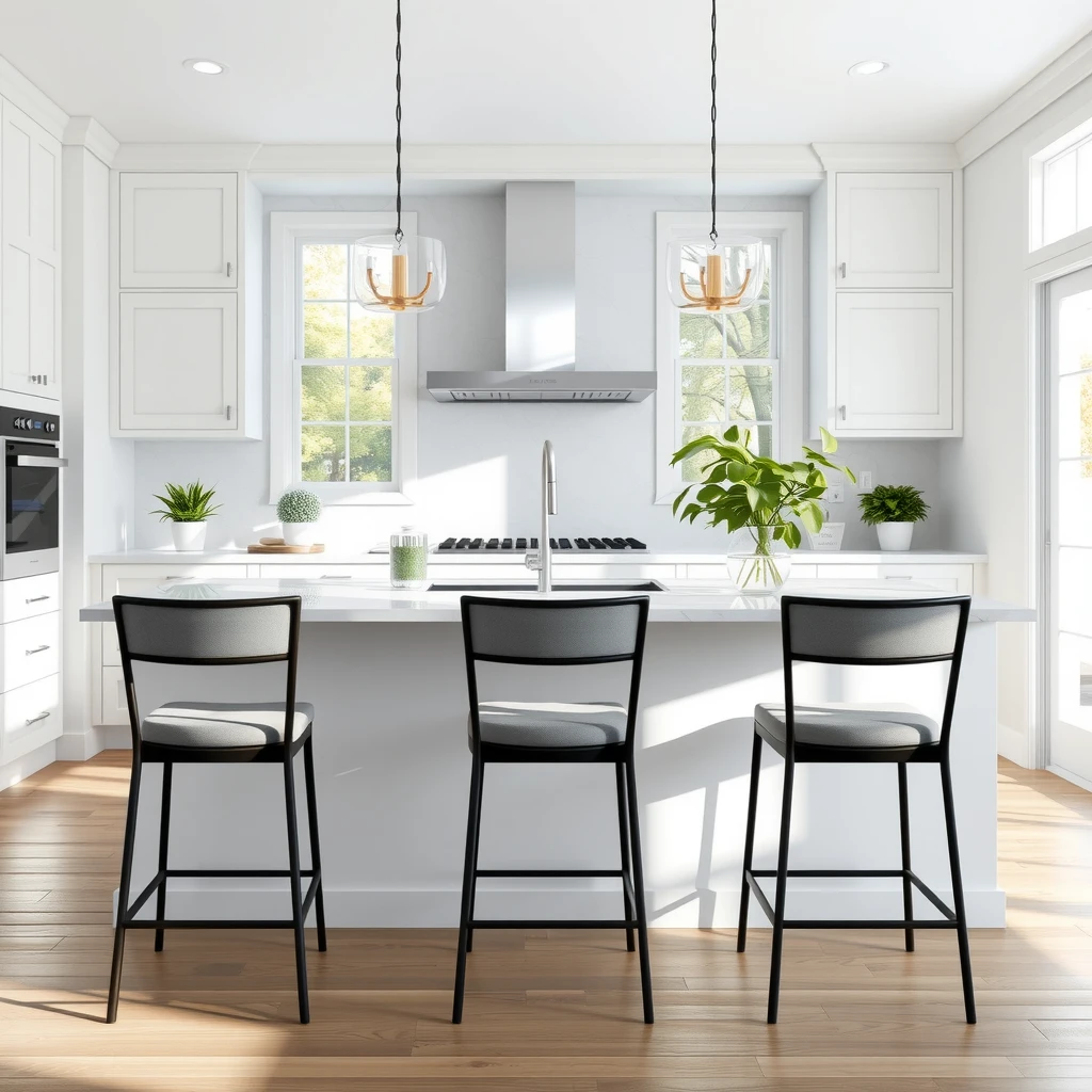 Modern kitchen island with stylish bar stools in a bright, contemporary setting