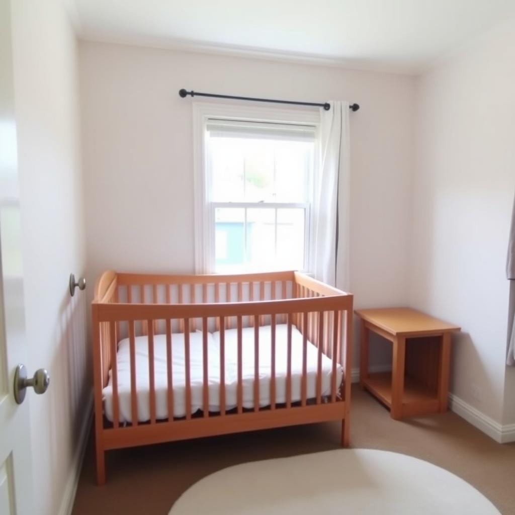 Cozy nursery with a secured crib, low nightstand, and childproof outlet cover.