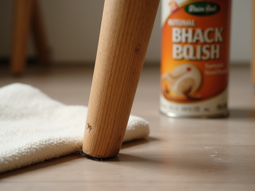 Inspecting a wooden chair leg for pest damage.