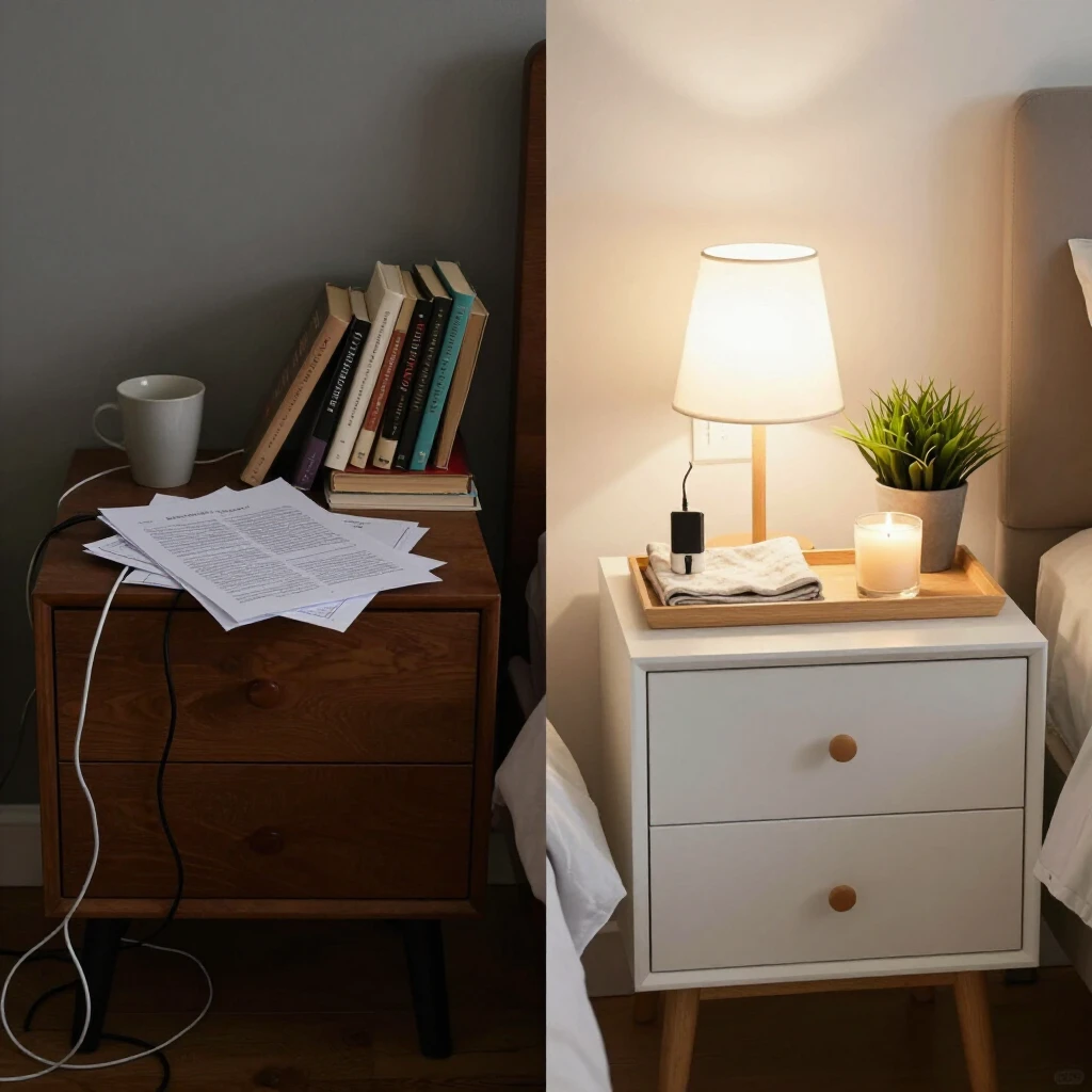 Before and after transformation of a cluttered nightstand