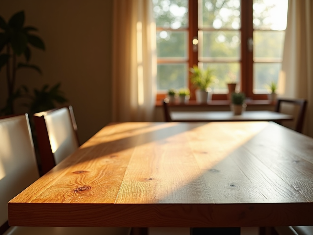 Polished wooden dining table in a cozy room