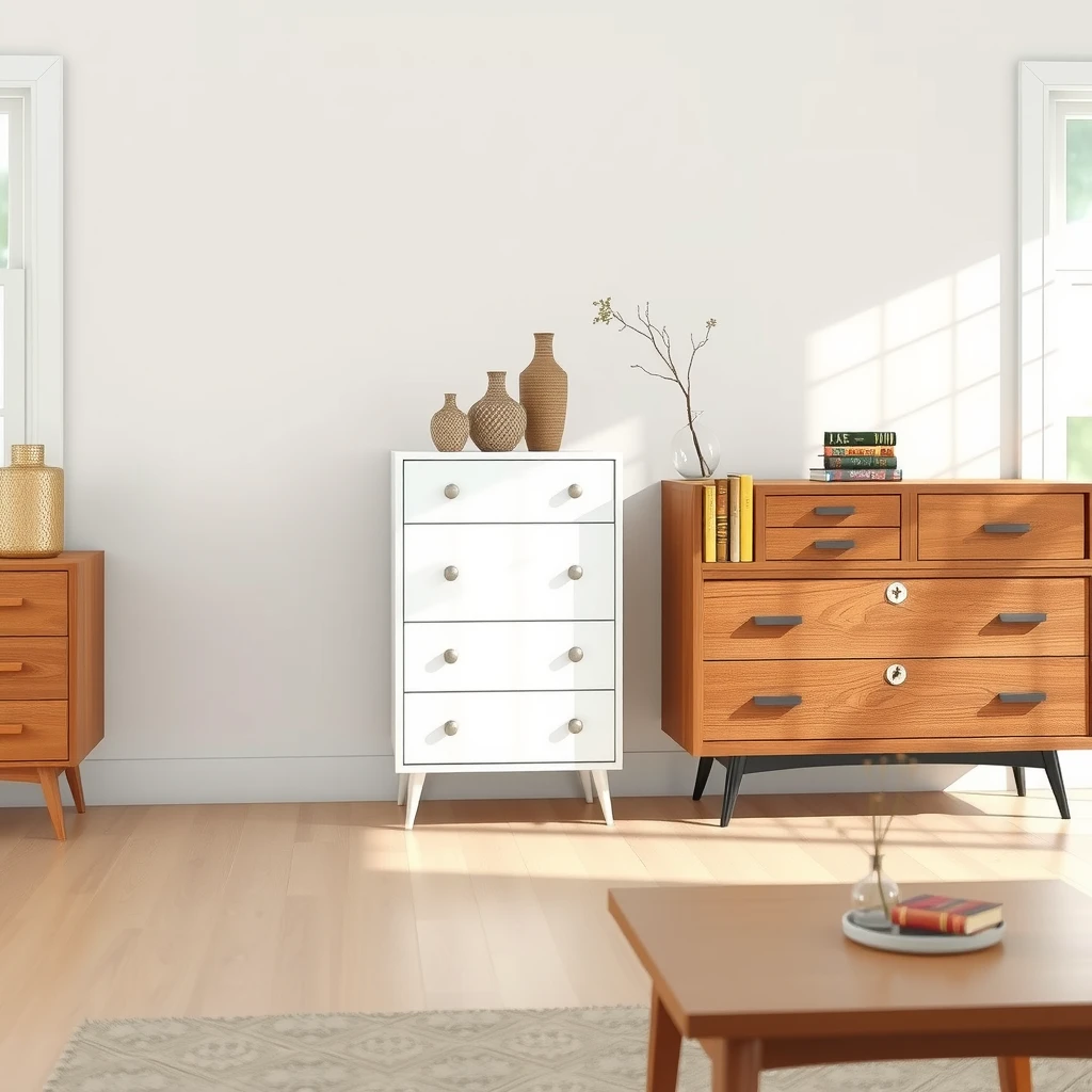Different styles of dressers in a minimalist living room showcasing storage options