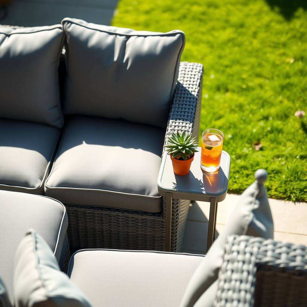 Modular wicker sectional sofa arranged in L-shape on a sunny patio