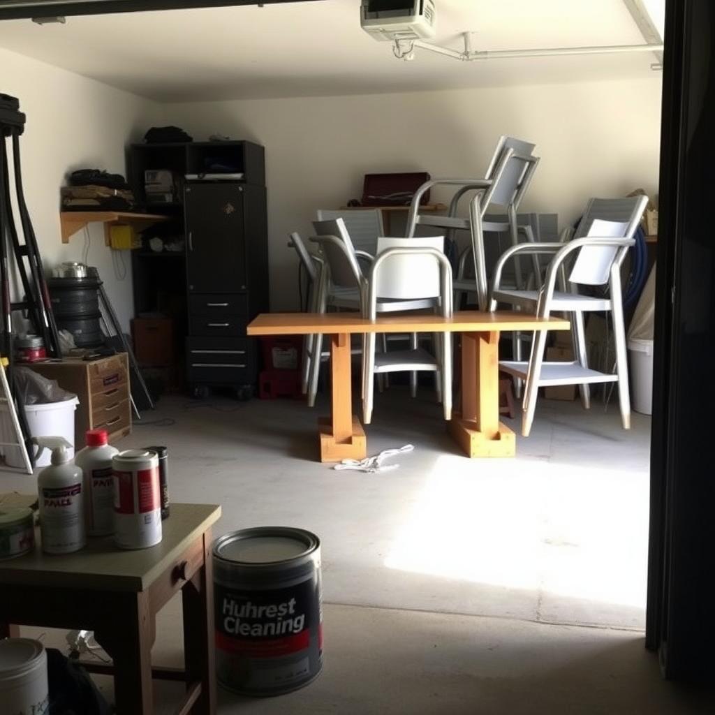 Organized garage with stacked outdoor furniture and cleaning supplies.
