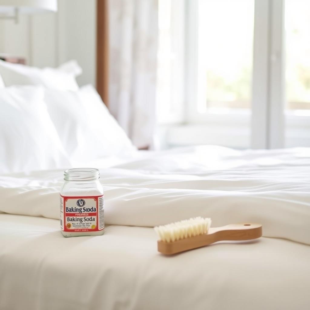 Clean bedroom with white bed linens, baking soda jar, and brush on a nightstand.
