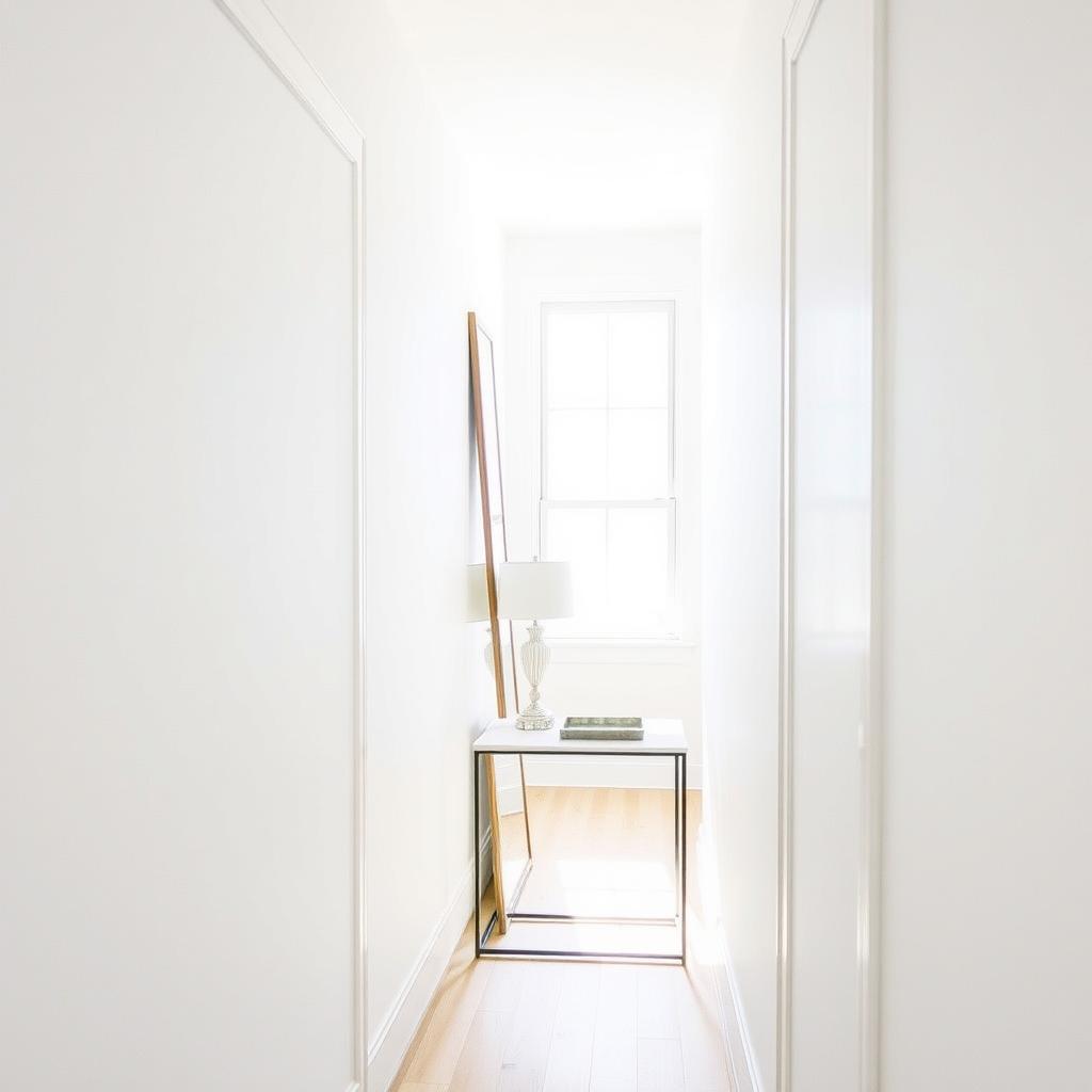 Narrow hallway with a tall mirror and slim console table, reflecting light to create a spacious feel.