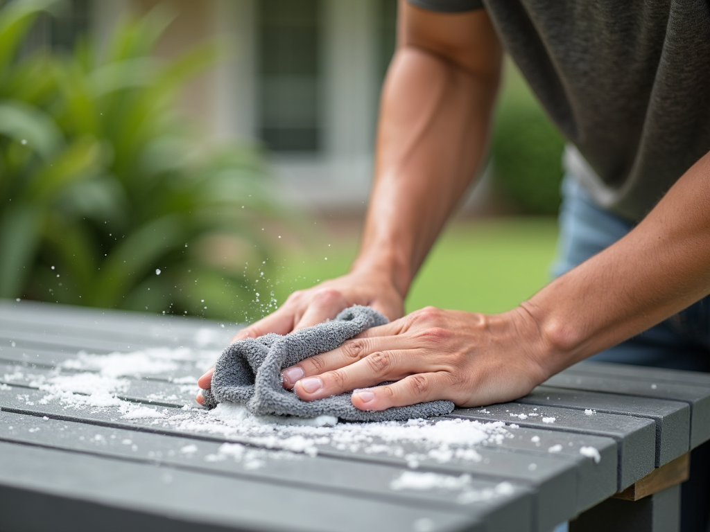 A person cleaning outdoor furniture with a mild soap and water solution, demonstrating proper maintenance techniques