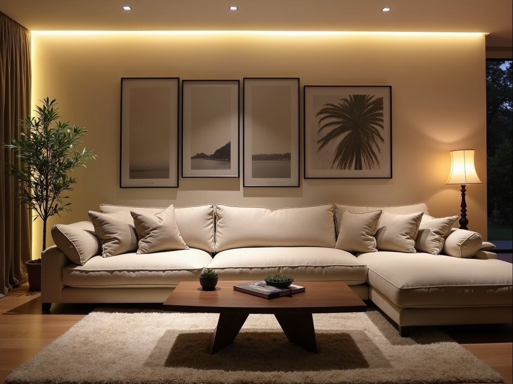 A living room with sustainable lighting and coordinated upholstery fabrics.