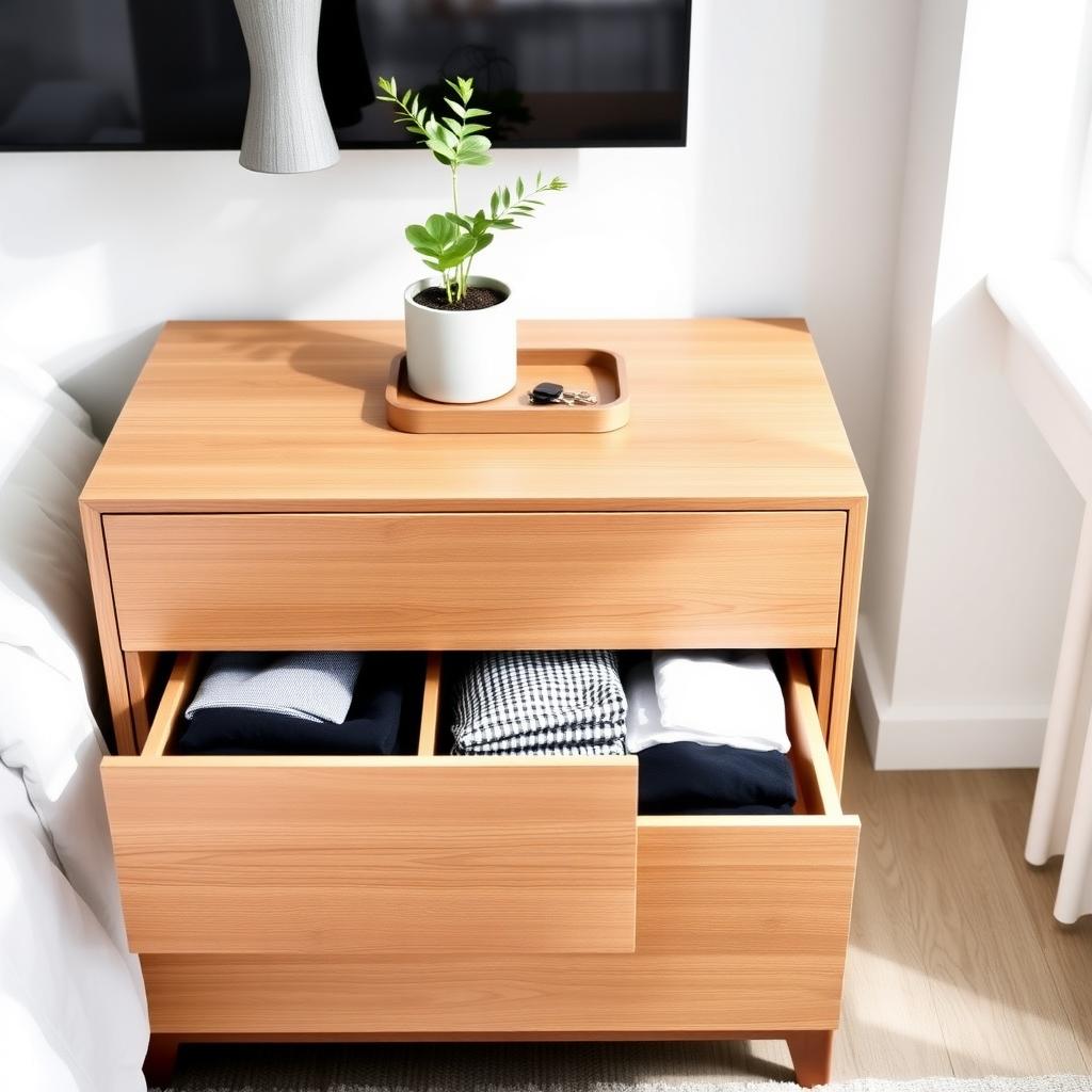 A tidy bedroom with an organized wooden dresser and minimal decor.