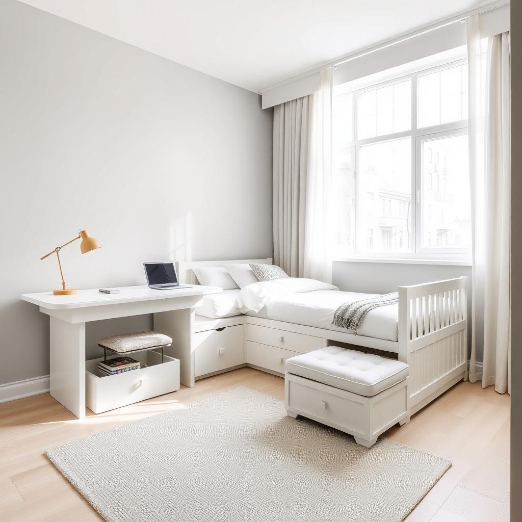 Cozy small bedroom with multi-functional furniture, including a bed with drawers and a foldable desk.