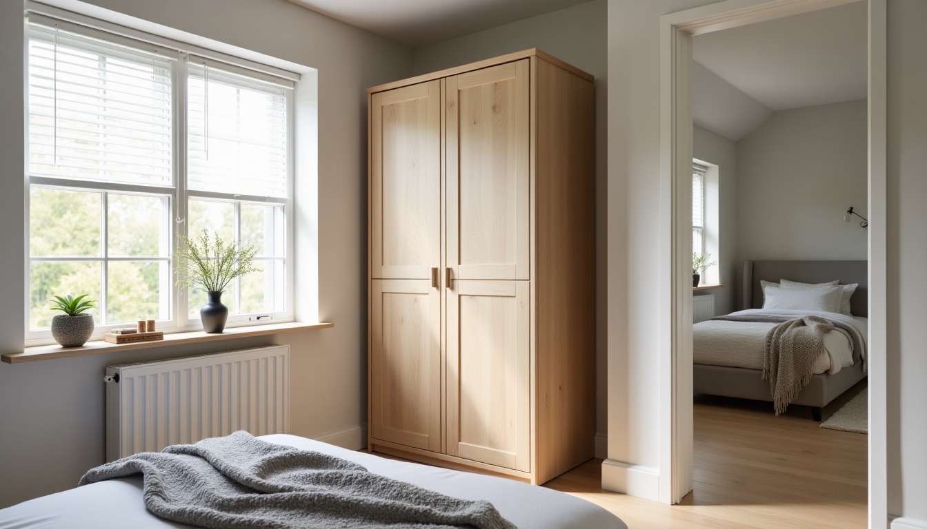 A small bedroom with a space-saving armoire.
