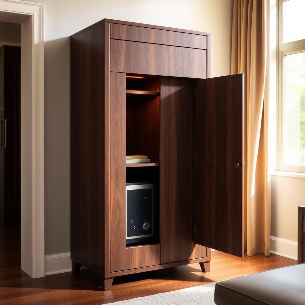 Modern dark walnut armoire with an open door showing a hidden compartment containing a small safe in a cozy living room.