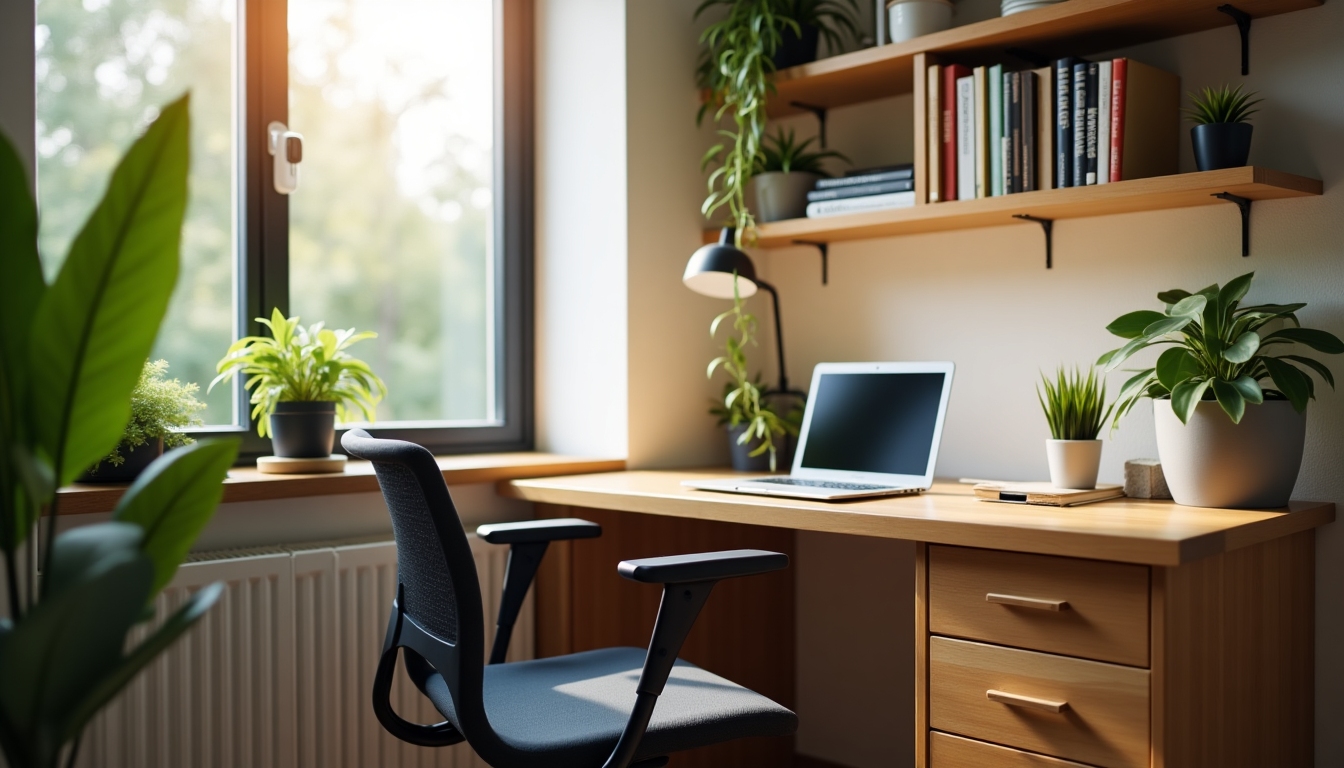 A home office with a desk and chair.